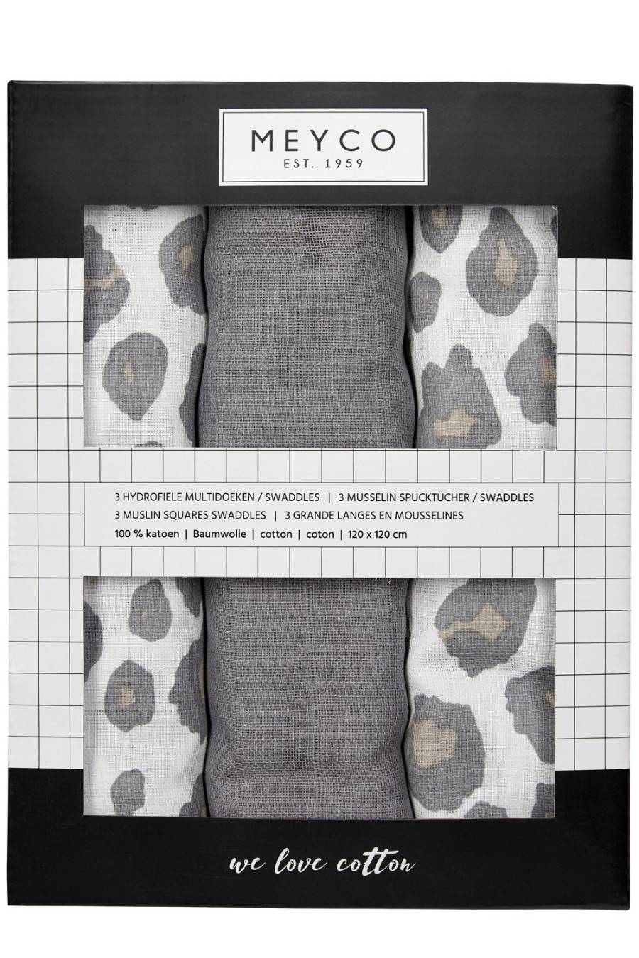 Verzorgen Meyco Baby | Swaddle 3-Pack Hydrofiel Panter - Neutral/Grey - 120X120Cm