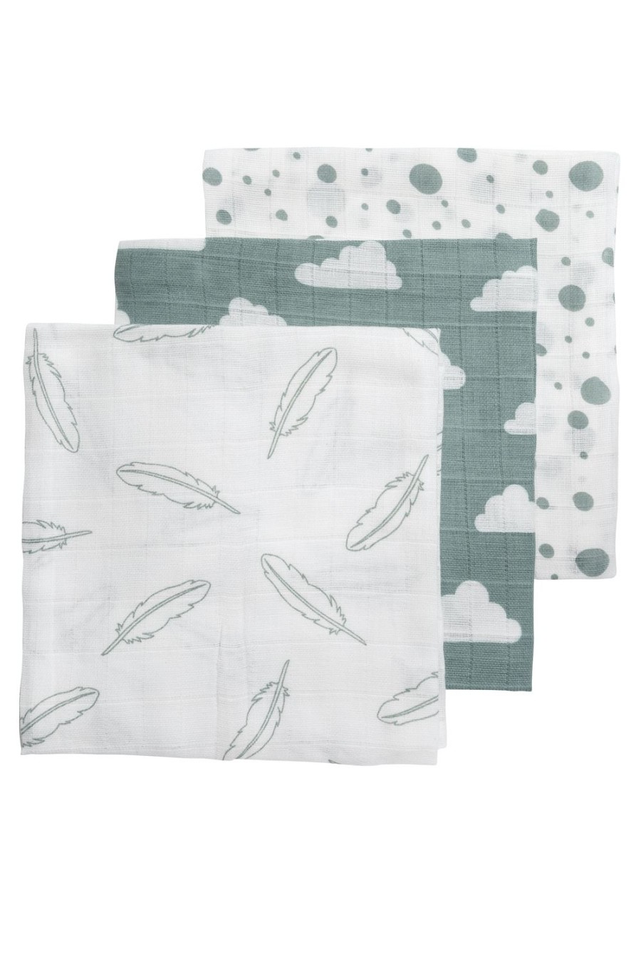 Verzorgen Meyco Baby | Hydrofiele Doeken 3-Pack Clouds/Dots/Feathers - Stone Green - 70X70Cm