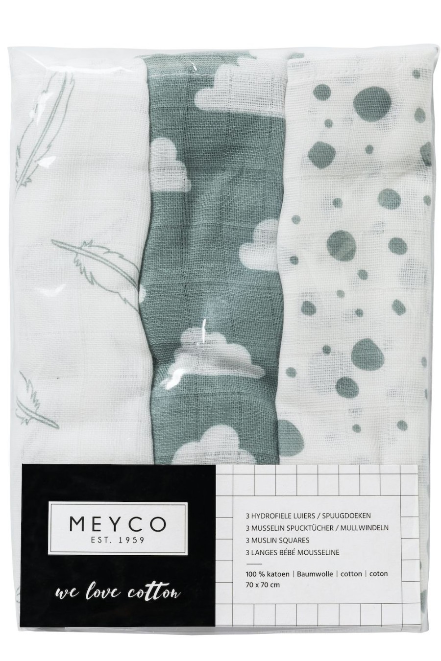 Verzorgen Meyco Baby | Hydrofiele Doeken 3-Pack Clouds/Dots/Feathers - Stone Green - 70X70Cm