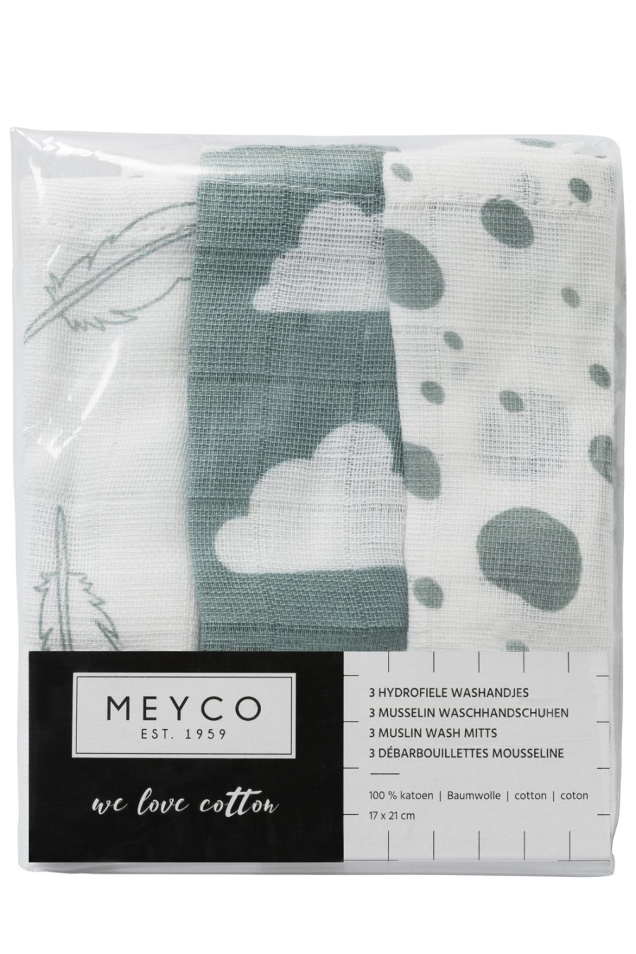 Verzorgen Meyco Baby | Washandjes 3-Pack Hydrofiel Clouds/Dots/Feathers - Stone Green - 20X17Cm