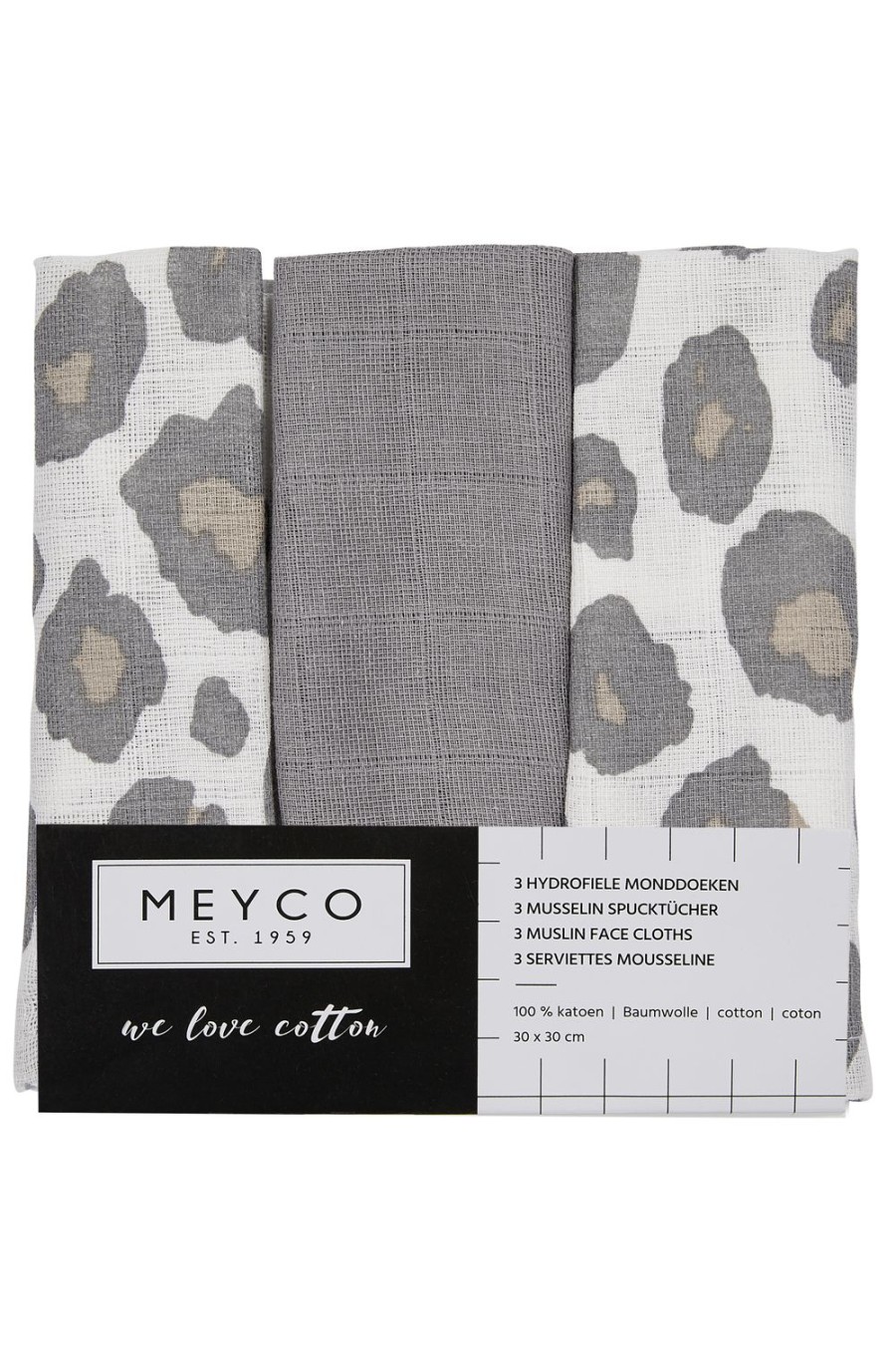 Verzorgen Meyco Baby | Monddoekjes 3-Pack Hydrofiel Panter - Neutral/Grey - 30X30Cm