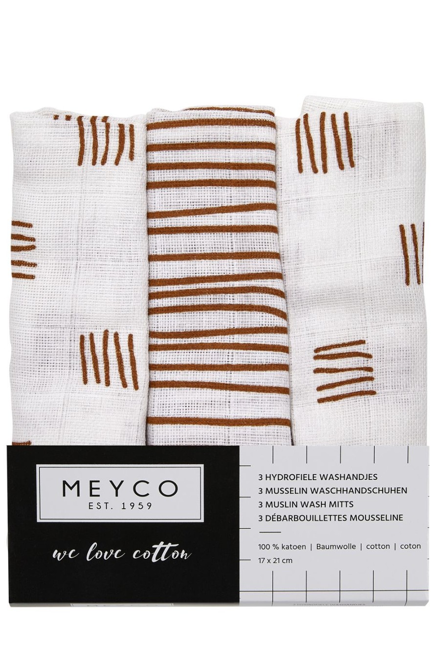 Verzorgen Meyco Baby | Washandjes 3-Pack Hydrofiel Block Stripe - Camel - 20X17Cm