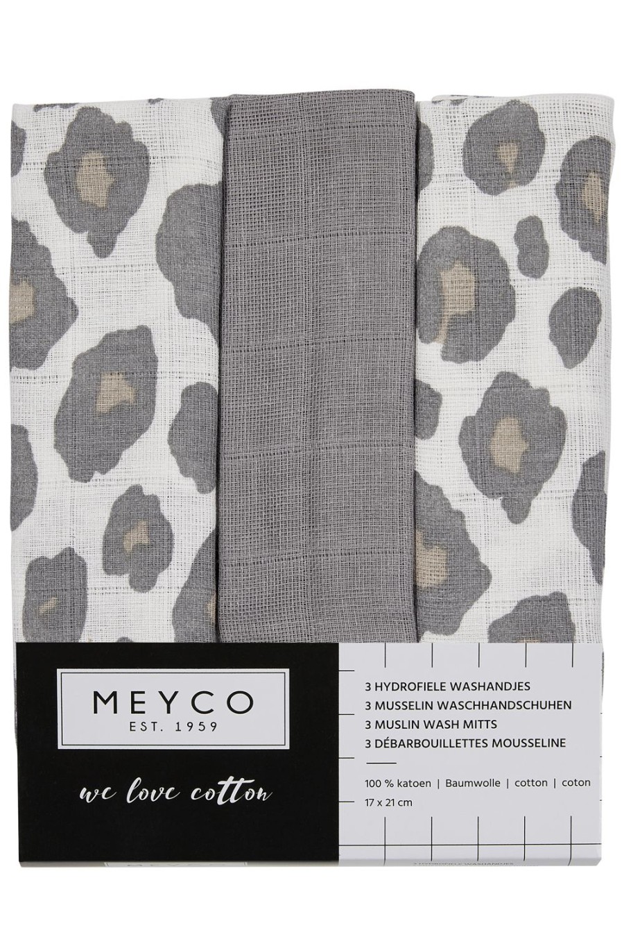 Verzorgen Meyco Baby | Washandjes 3-Pack Hydrofiel Panter - Neutral/Grey - 20X17Cm