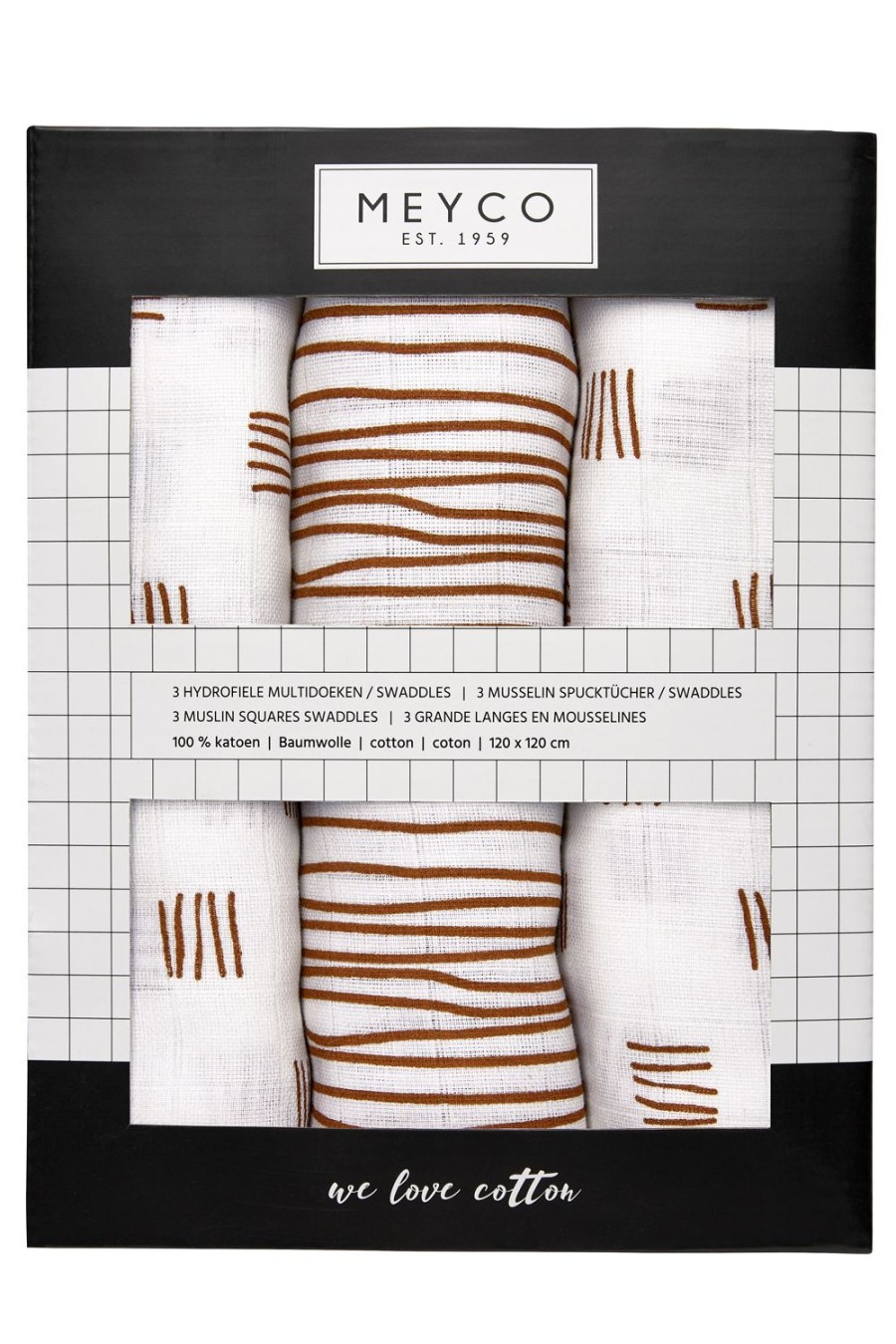 Verzorgen Meyco Baby | Swaddle 3-Pack Hydrofiel Block Stripe - Camel - 120X120Cm