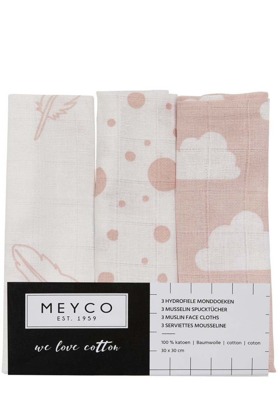 Verzorgen Meyco Baby | Monddoekjes 3-Pack Hydrofiel Clouds/Dots/Feathers - Pink - 30X30Cm