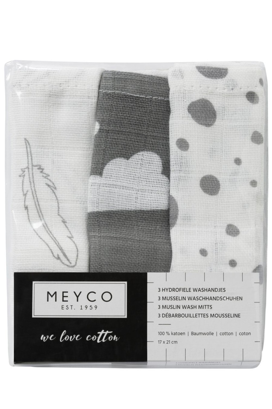 Verzorgen Meyco Baby | Washandjes 3-Pack Hydrofiel Clouds/Dots/Feathers - Grey - 20X17Cm