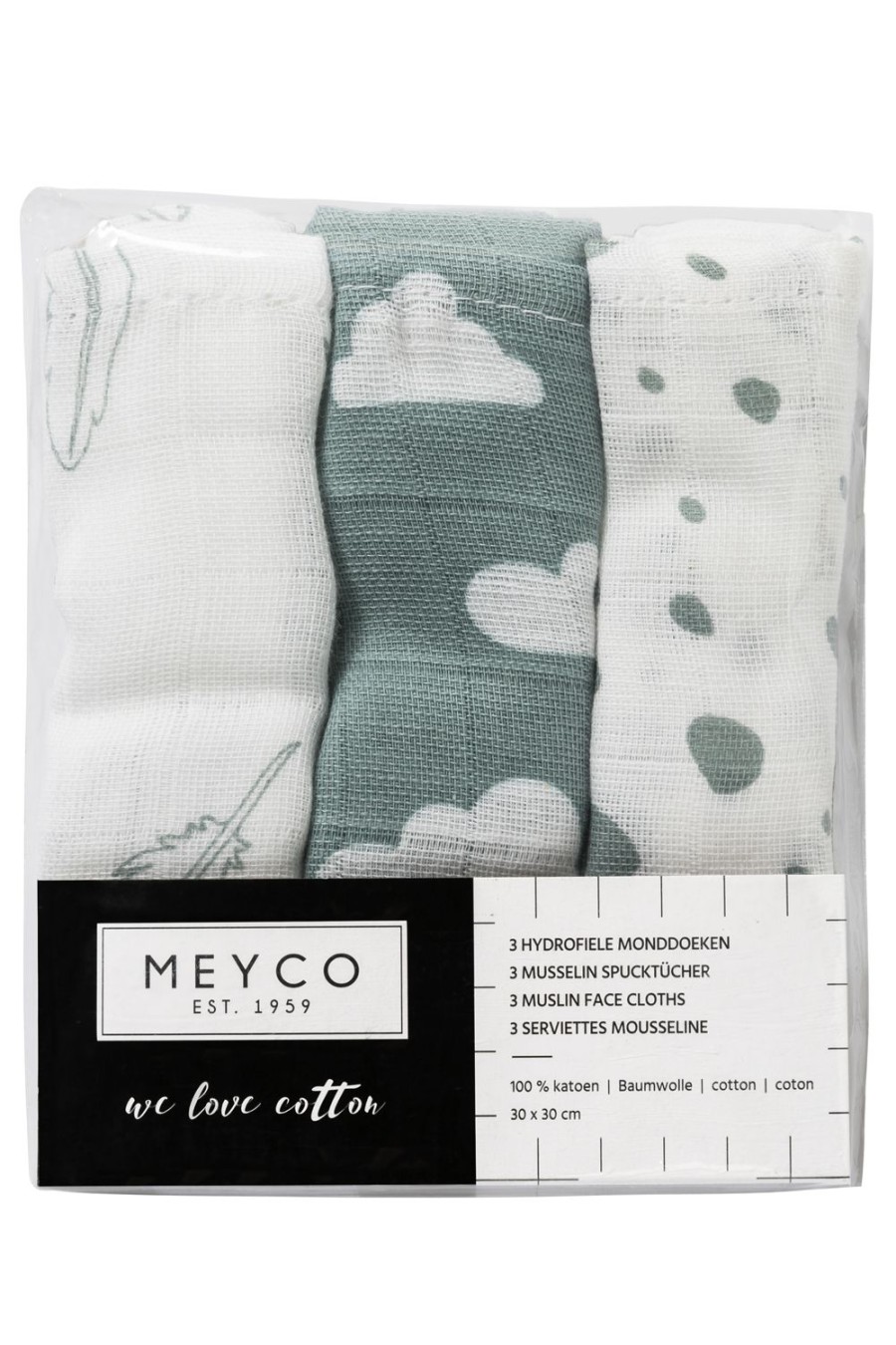 Verzorgen Meyco Baby | Monddoekjes 3-Pack Hydrofiel Clouds/Dots/Feathers - Stone Green - 30X30Cm