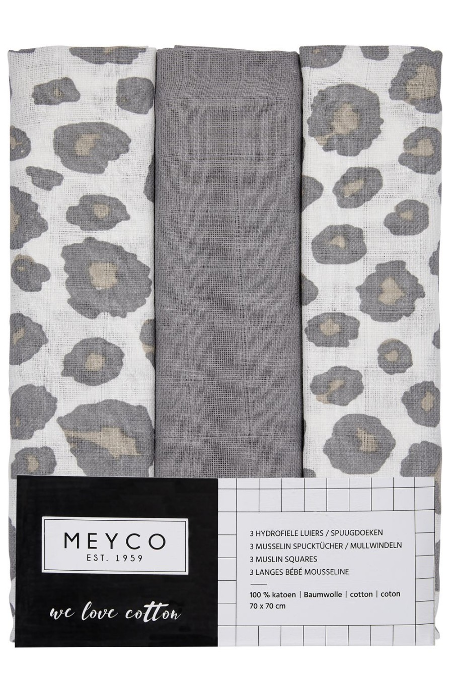 Verzorgen Meyco Baby | Hydrofiele Doeken 3-Pack Panter - Neutral/Grey - 70X70Cm